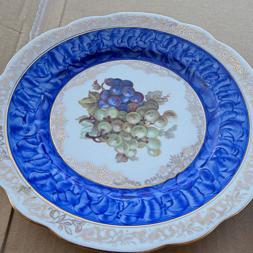 Noritake Fruit Pattern Porcelain Plate Blue Rim Gold Trim Round Decorative